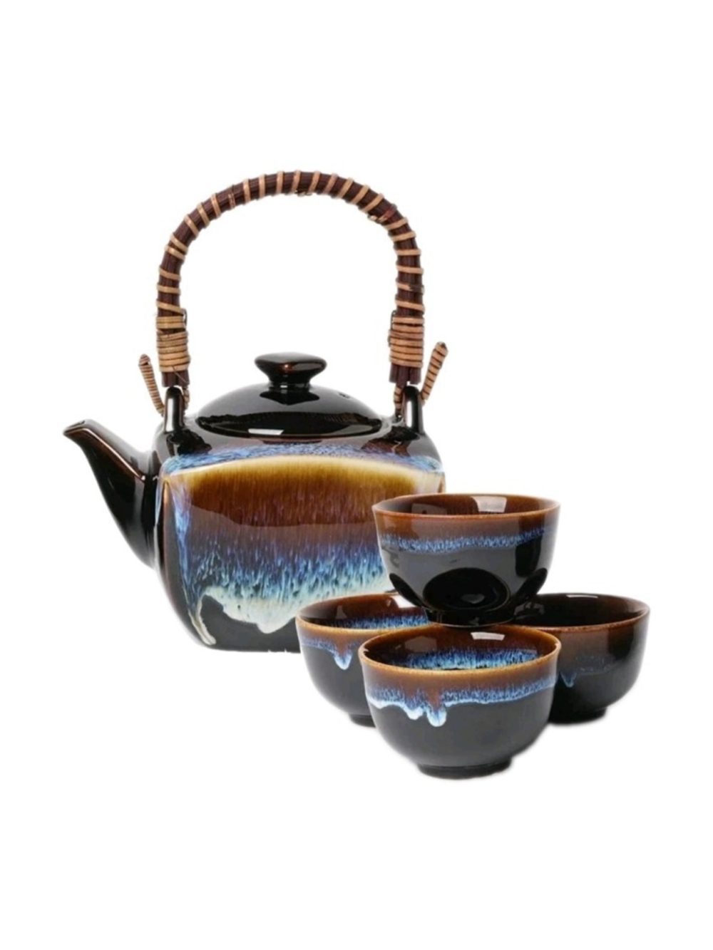 Japanese Ceramic Tea Set Teapot 4 Cups Infuser Bamboo Handle Drip Glaze Box